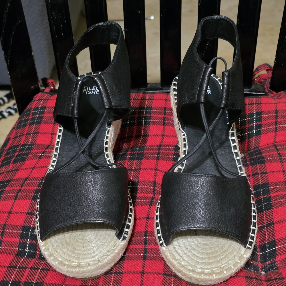 Womens Eileen Fisher Black Leather Espadrilles Size 10 Used